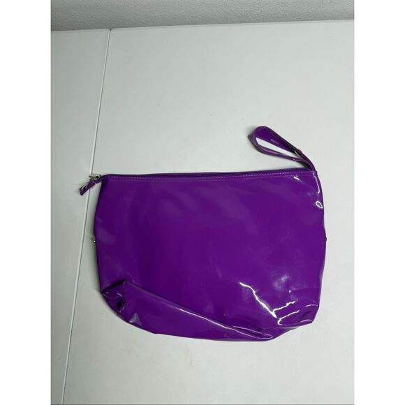 Incidence Women’s Patent Faux Leather Floral Print Purple Makeup Toiletry Bag - Picture 4 of 10